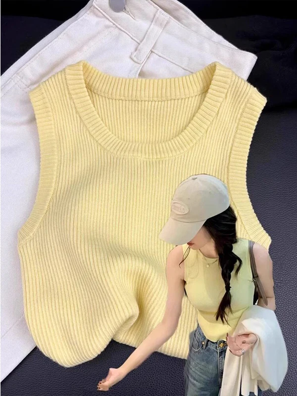 Yellow Knitted Vest Women's Outerwear Base Layer Strap Spring Summer Fashionable Sleeveless Top Inner Matchings Poly Fiber