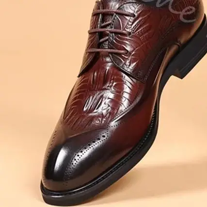 Crocodile-embossed Brogue Dress Shoes Men Reddish-brown Lace-up British-style Shoes 2026 Men's Sophisticated Business Shoes