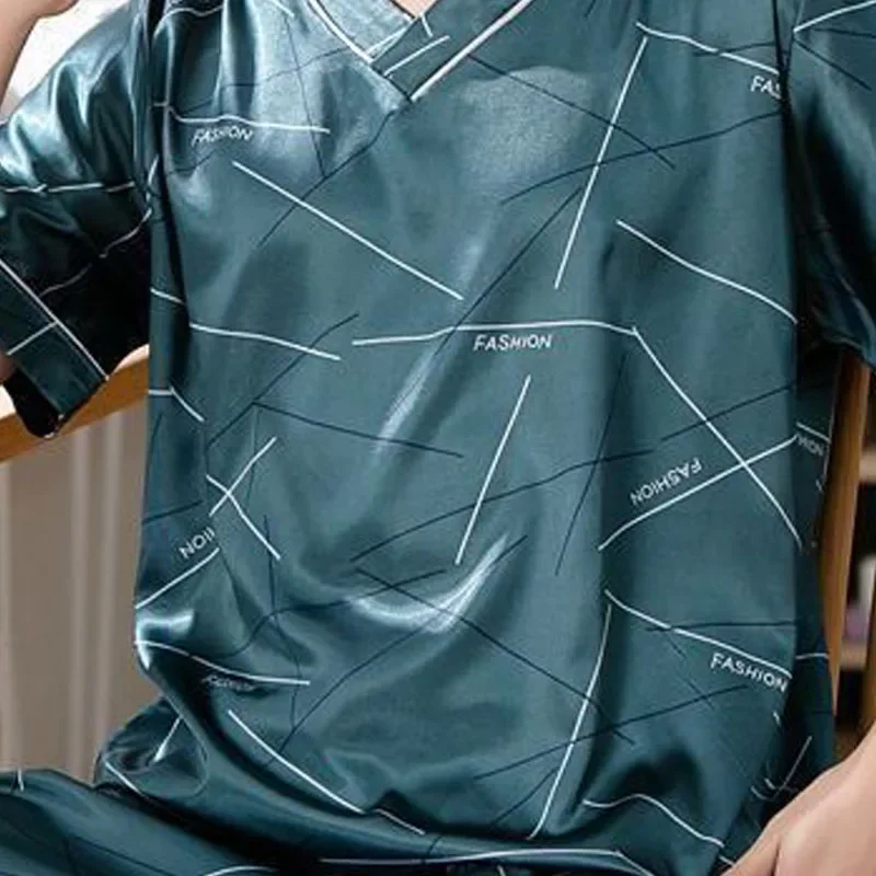 Pajamas Men Silk Thin Short-Sleeved Two-Piece Suit Korean Version of the Loose Large Size Men Homewear with Letters Sleepwear