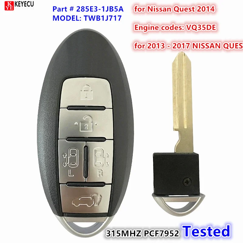 KEYECU Replacement Smart keyless Remote Key 5 Button 315MHZ PCF7952 For Nissan Quest E52 2013 2014 2015 2016 2017  285E3-1JB5A