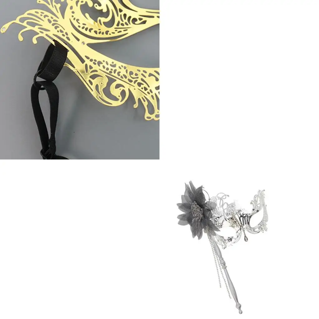 

39BD Цветочные стоки маскарадов с палочкой металлическая маска для женщин для женщин маскарада выпускных вечеринок в Хэллоуин.