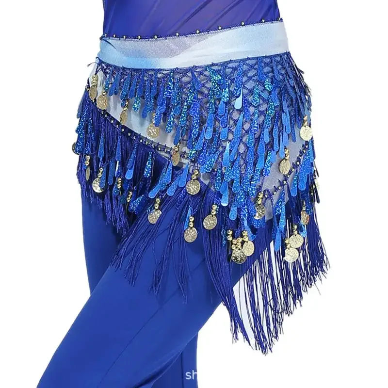 Women Adjustable Tassel Belly Dance Hip Scarf Adult Sequins Dancewear Tribal Indain Practice Coin Dance Skirt Belt Costume