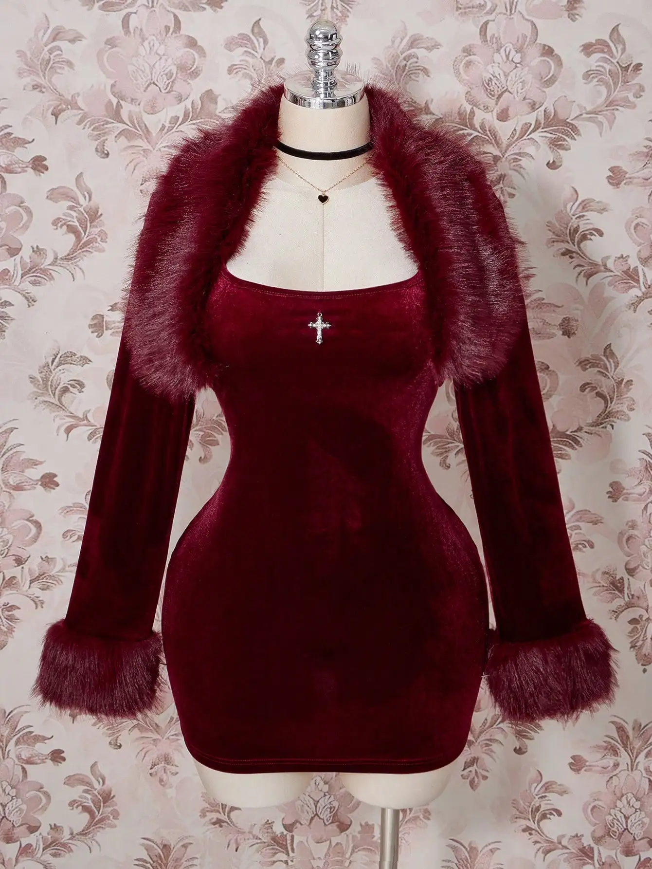 

Burgundy Velvet Mini Dress with Faux Fur Trim Jacket Set