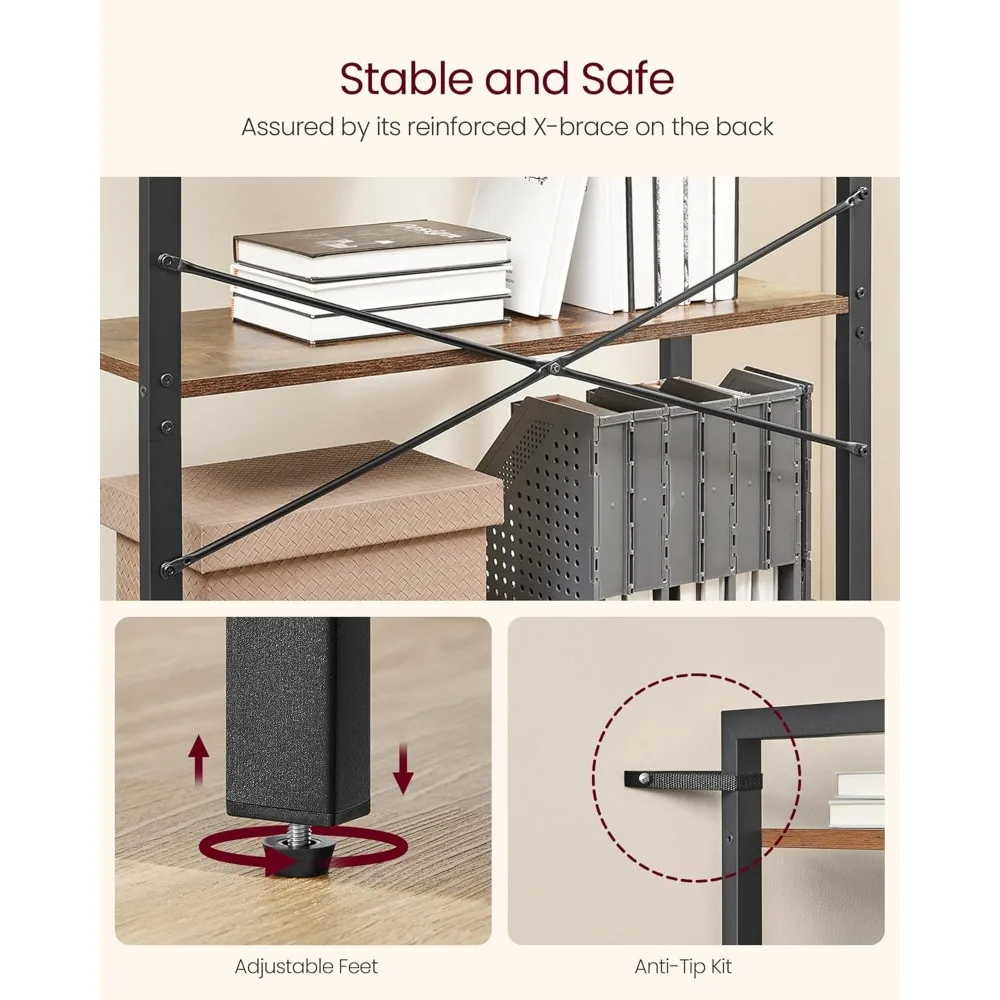 ชั้นวางหนังสือ VASAGLE 5 ชั้น, ตู้หนังสือโครงเหล็ก, ชั้นวางหนังสือสำหรับห้องนั่งเล่น, โฮมออฟฟิศ, ห้องทำงาน, 11.8 x 31.5 x 60.2 นิ้ว