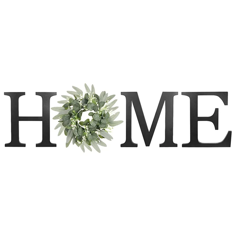 

Wooden Home Sign Wall Hanging Decor - Wood Home Letters For Wall Art With Artificial Eucalyptus Wreath Rustic Home Decor