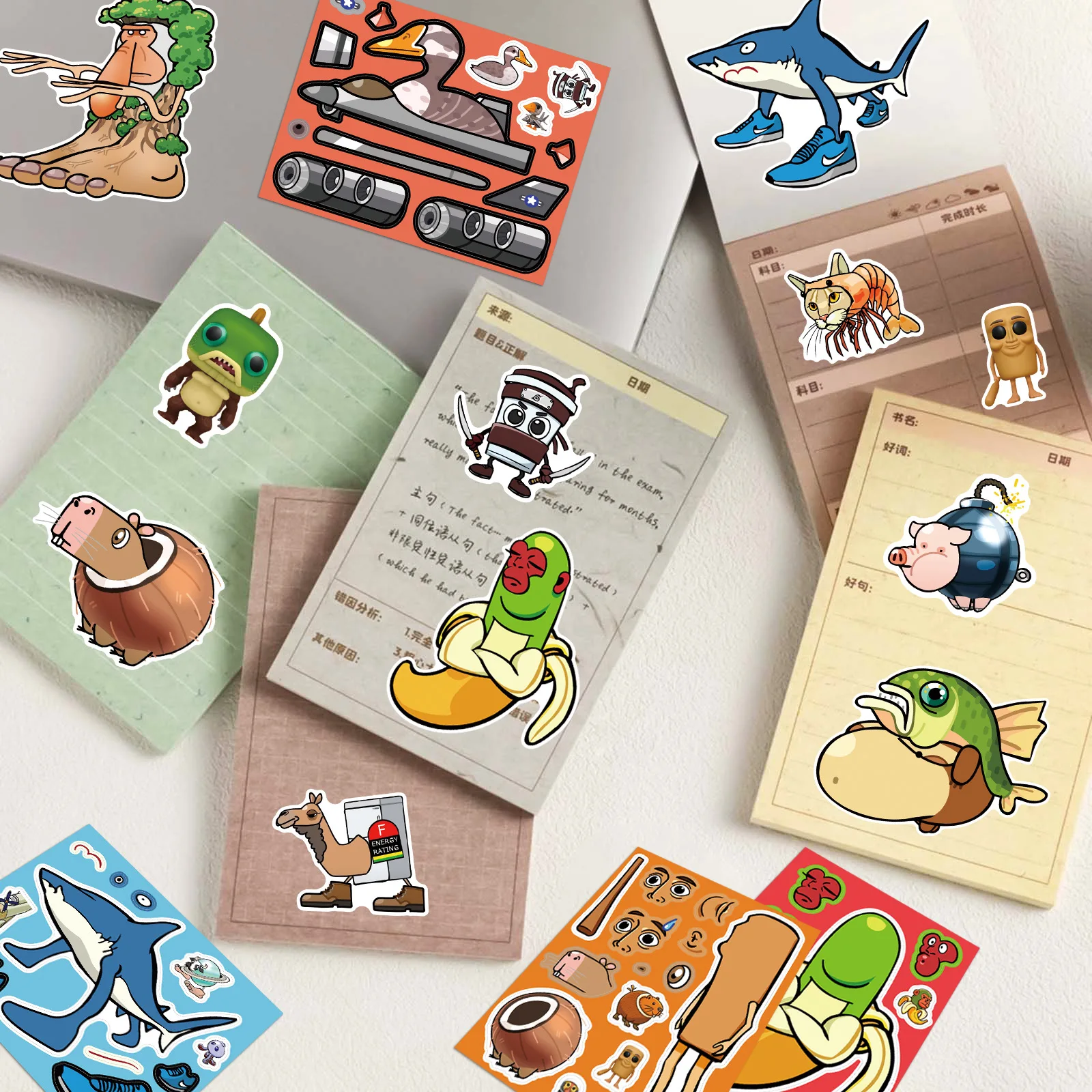 8Sheets Anime Tung Tung Tung Sahur Puzzle Stickers Make A Face Children Cartoon DIY Assemble Jigsaw Decals Kids Party Decor - view 4