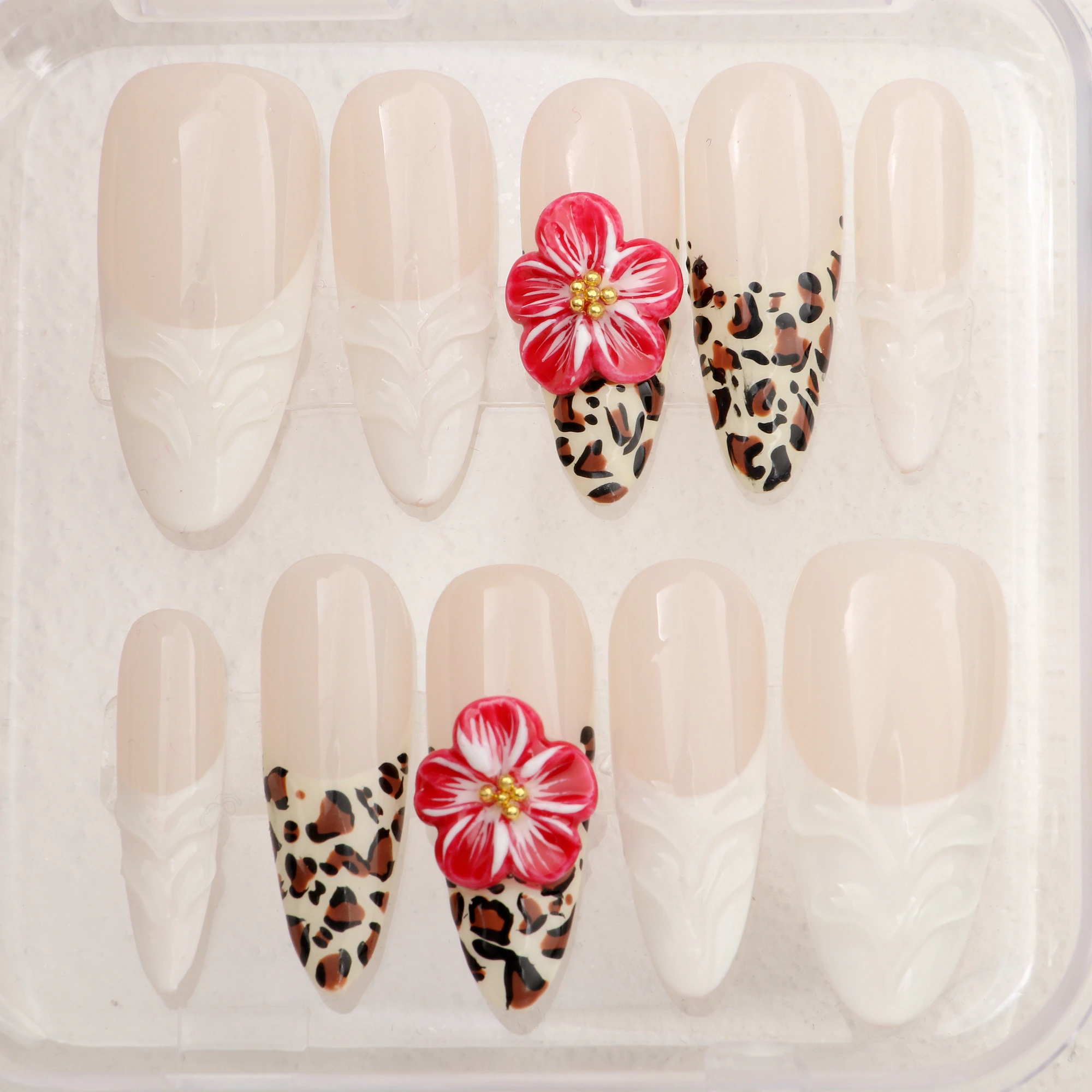 10Pcs Handmade Manicure Long Almond Fake Nails Unique 3D Leopard print Flowers Press On Nails Design with Adhesive Nail File Set