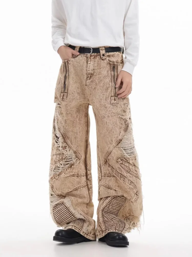 

2026 American Retro Y2K Style Patchwork Baggy Ripped Stacked Jeans Pants For Men Clothing Straight Apricot Cotton Long Trousers