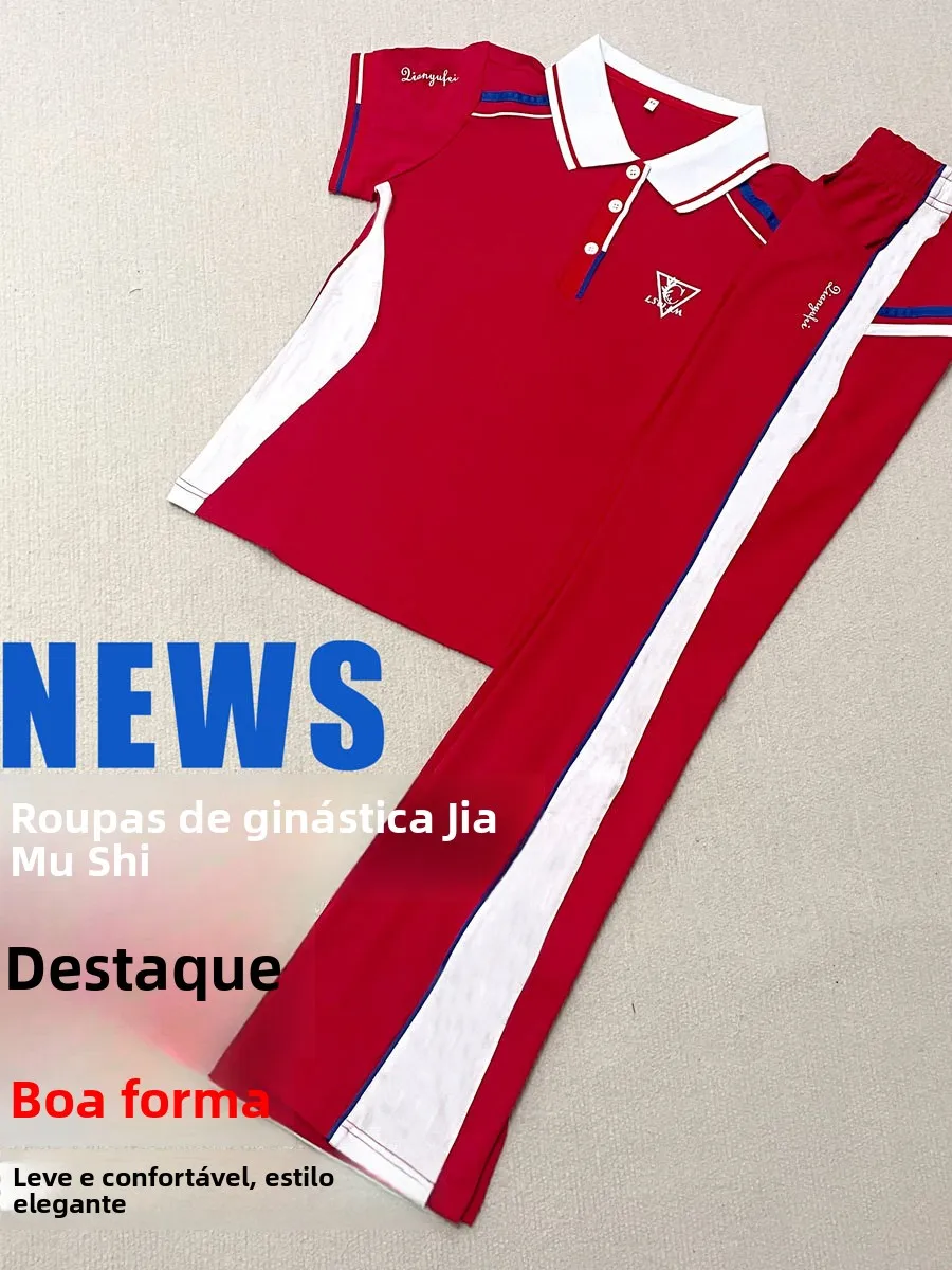 red-ice-silk-short-sleeve-outdoor-sports-set-lightweight-breathable-women's-fitness-dance-ensemble-for-square-dancing