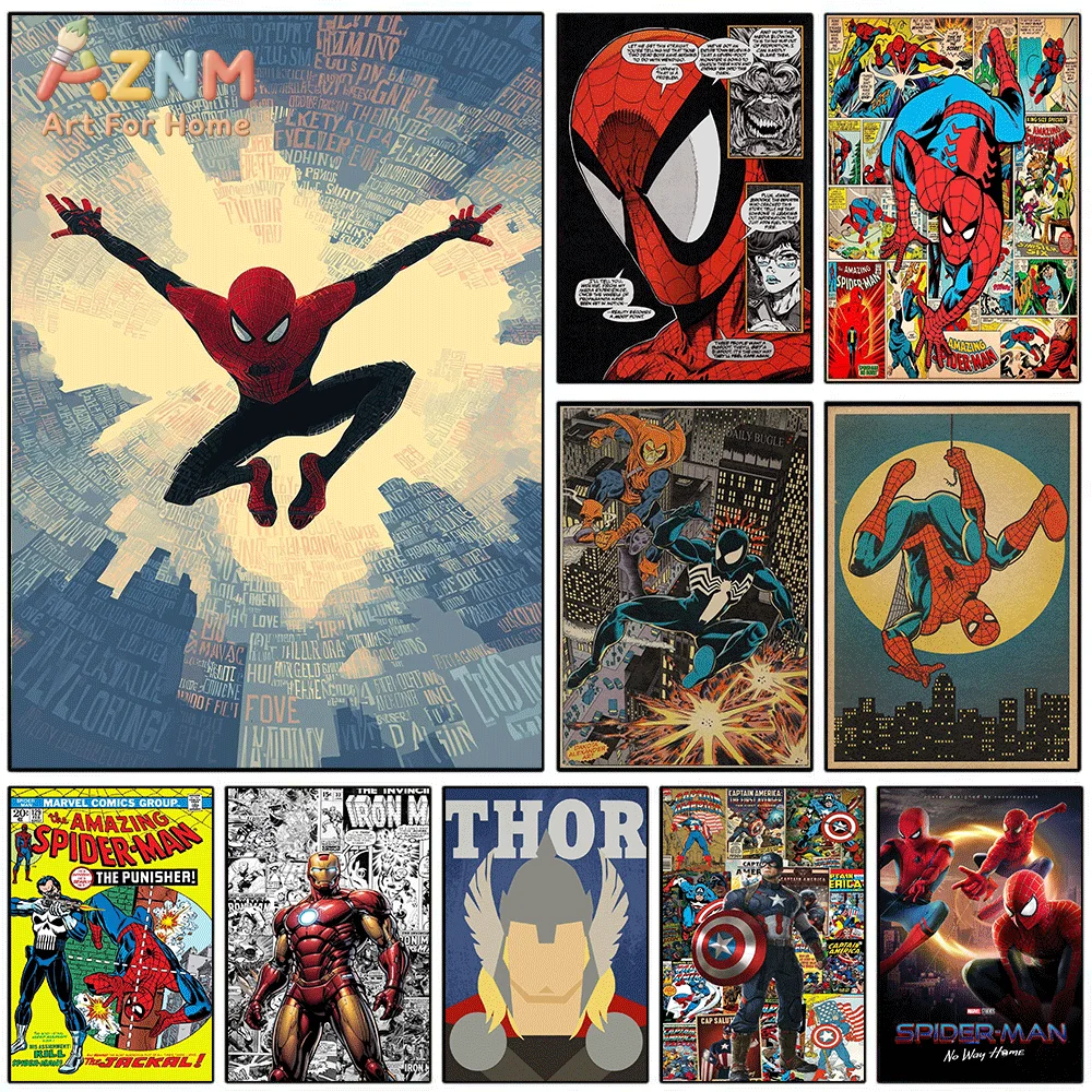 AZNM Spiderman Jumping Over City Word Cloud Background Canvas Wall Print, Superhero Dynamic Jump City Silhouette Vintage Comic