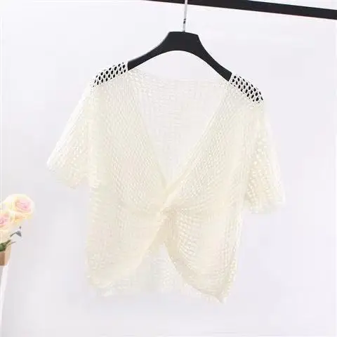 Twist Front Crochet Top Short Sleeve Cover-up Open-knit Crop Cardigan for Women Spring Summer Vacation Boho Beach Outfit