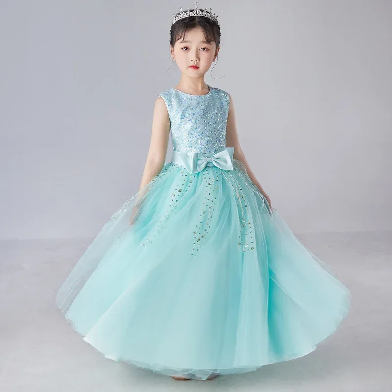 2026 Fashion New Bow Kids Dress Short Sleeveless Lace Mesh Children Girls Sequin Dress Summer Children Girls Party Dresses 4-14Y