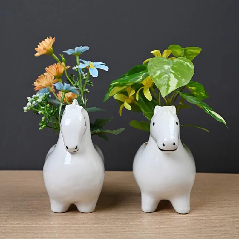 White Porcelain Creative Horse Flower Pot Green Plant Pot Bonsai Vase Planter Garden Art Indoor Balcony Decor