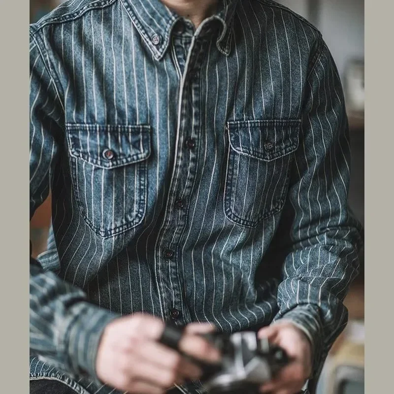 Camisas masculinas mangas compridas recomendam novo lavagem de areia para velhos retro na moda homens engrossar camisas listradas tingidas de fio para homem