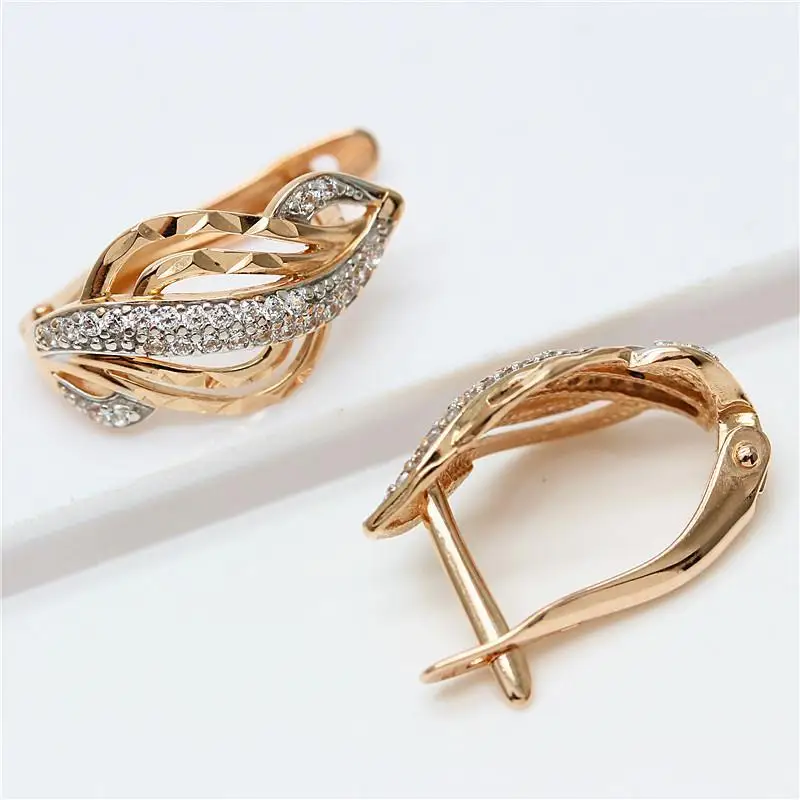 

585 Purple Gold Plated 14K Rose Gold Geometric Shiny Crystal Earrings For Women Exquisite Charm Wedding Jewelry For Girlfriend