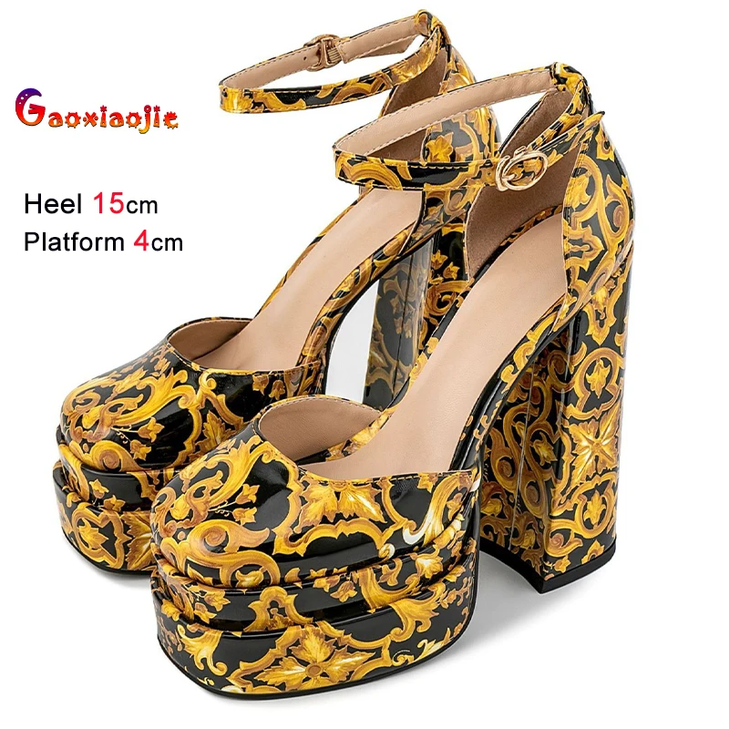 

2025 Summer Black Yellow Women's Sandals Round Toe Ankle Strap High Block Heels Platform Print Flowers Sandals Sexy Party Shoes