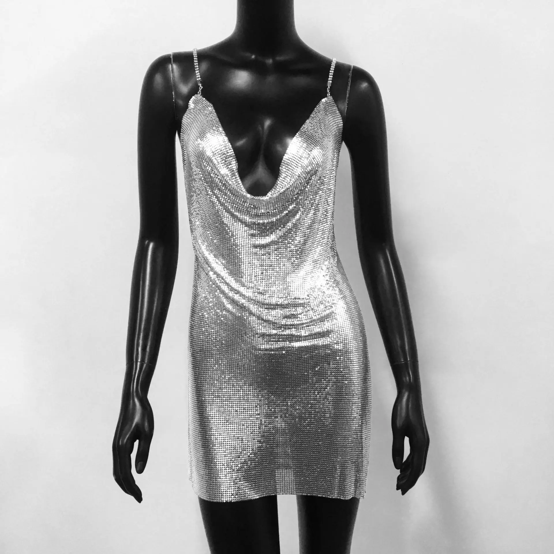 Halter Metal Party Dresses 2023 Sexy Gold Silver Summer Dress Vesitos Backless Sequins Women Dress Dropshipping