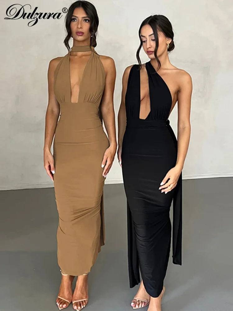 Dulzura Solid V Neck Backless Ruched Maxi Dress Bandage Sleeveless Bodycon Sexy Party Elegant Outfit Streetwear Birthday Evening