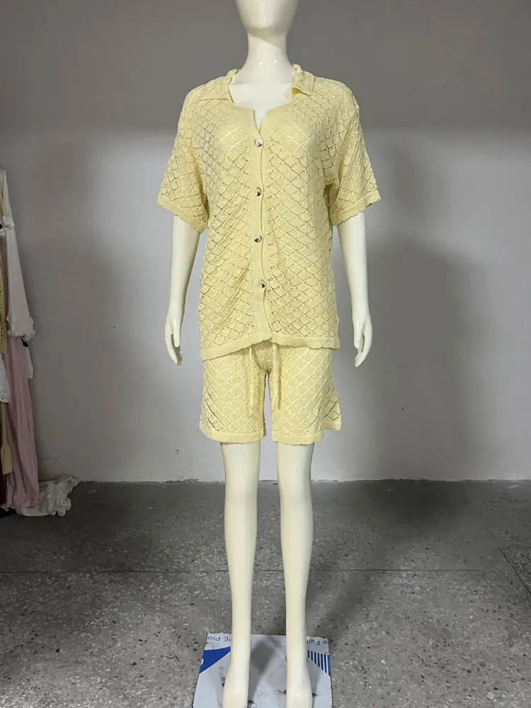 Tossy Knit Printed 2 Piece-Set Shorts Women's Cover up Beach Holiday Loose See-Through Clothes Summer Knitwear Female Outfits