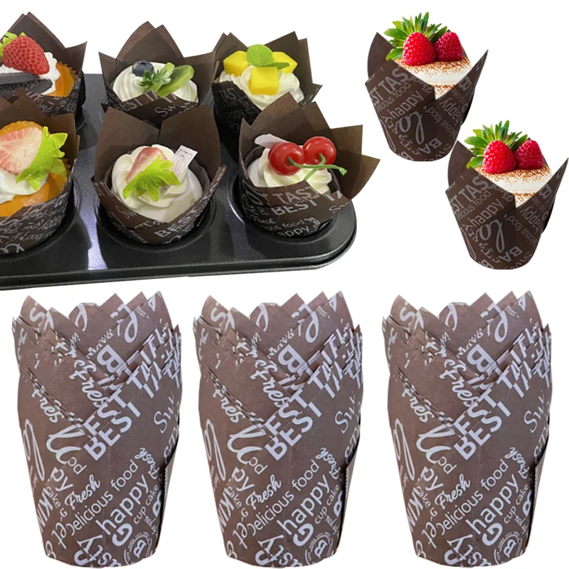 50Pcs/100Pcs Coffee-Themed Tulip Cake Paper Cups, Heat-Resistant and Oil-Proof Baking Paper Cups, Suitable for New Year, Valentine's Day, Weddings, Birthday Parties, Home Baking Supplies view 4