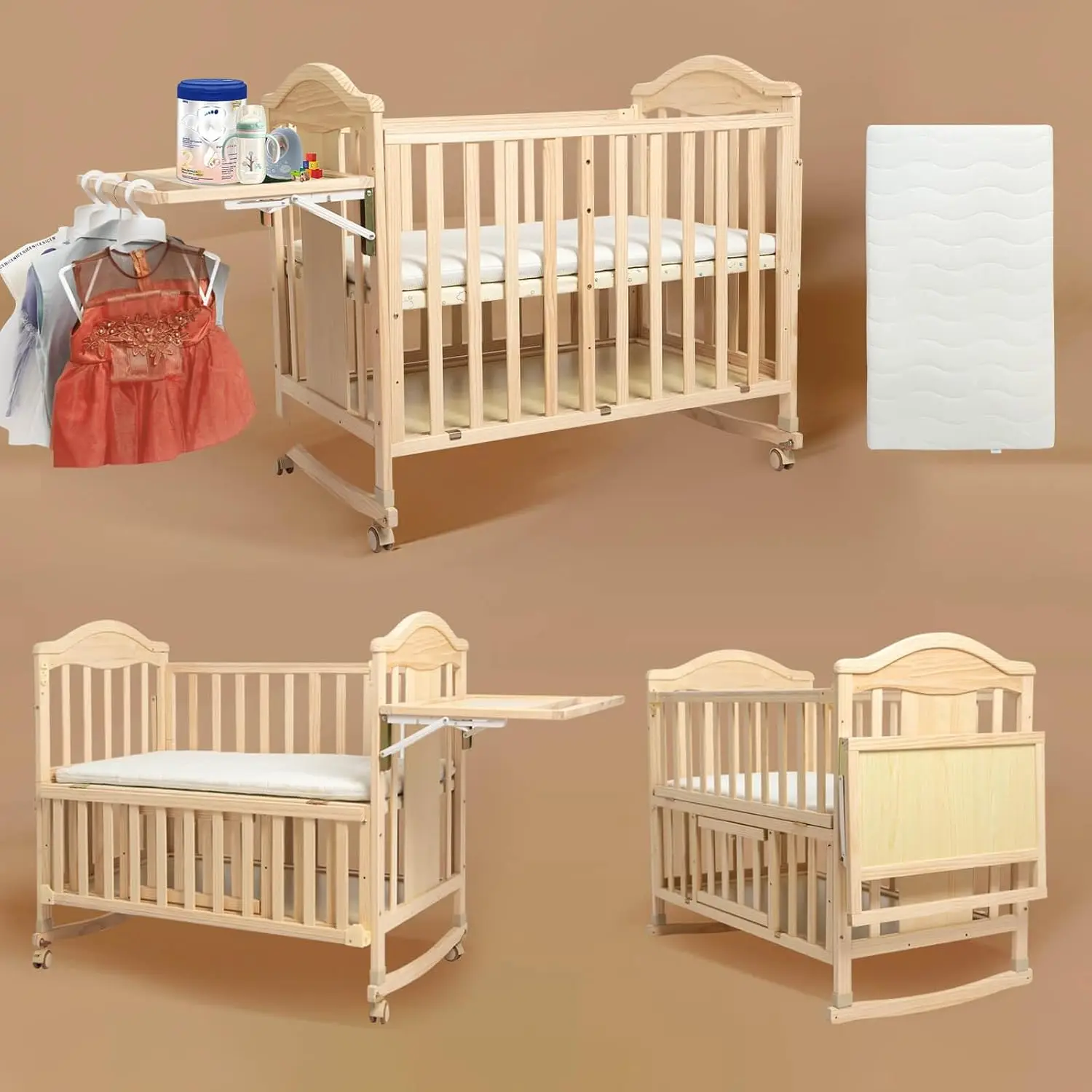 Mini-Babybetten 4-in-1 umwandelbar – Cunas para Bebes mit Wickelregal und Matratze im Lieferumfang enthalten, Babybecken aus Holz 2024