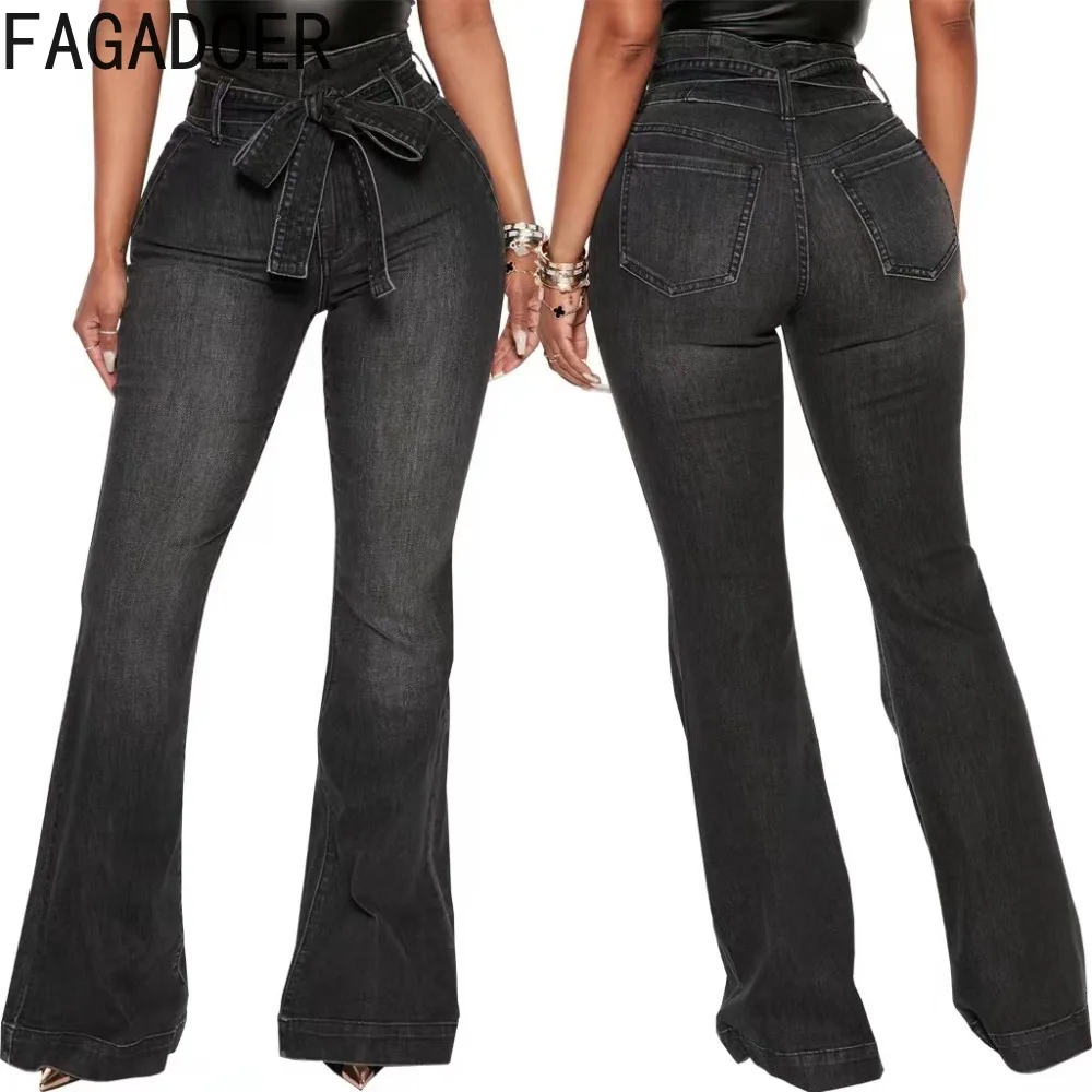 

FAGADOER Black Fashion Denim Wide Leg Pants Women High Waisted Button Elasticity Jean Trousers Female Solid Cowboy Bottoms 2024