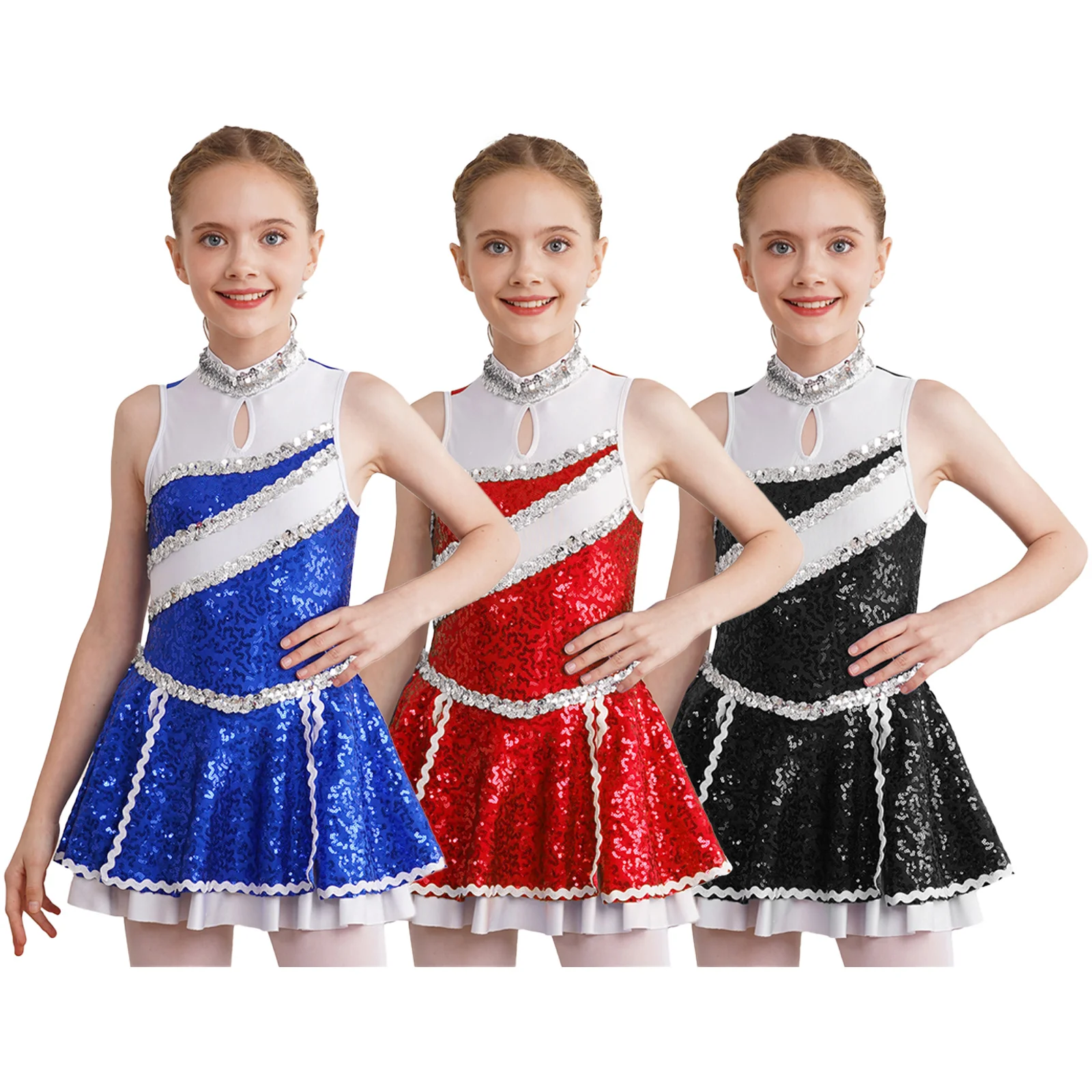 

Girl's Sequin Dance Dress Sleeveless Round Neck with Contrast Color Patchwork for Cheerleading Gymnastic Stage Performances