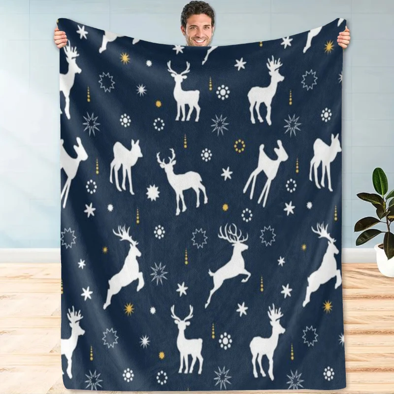 Navy White Reindeer Silhouette Xmas Throw Blanket,Soft Lounge,Bedroom Cover,Birthday Anniversary Home Casual Daily Keepsake