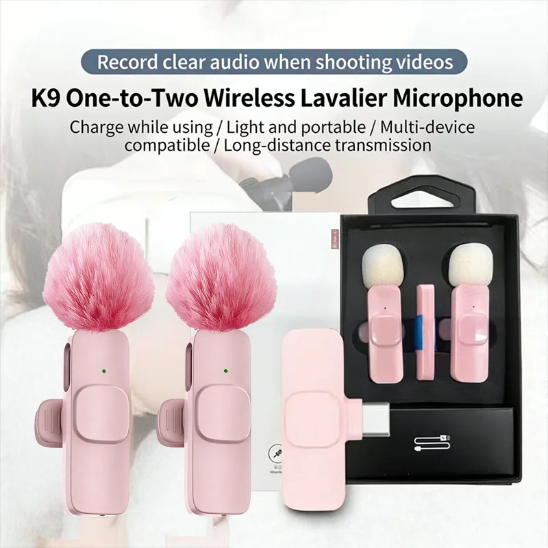 Micrófono Lavalier inalámbrico K60 rosa y blanco para teléfono inteligente, micrófono de solapa con clip, micrófono Plug-Play para grabación de audio y video