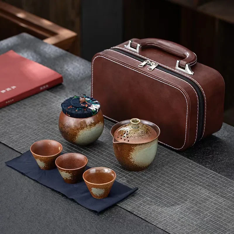 Unique Customer Cup Anti-scalding Ceramic One Pot Three Cups Car Outdoor Hand-painted Carrying Bag Travel Retro Kung Fu Tea Set