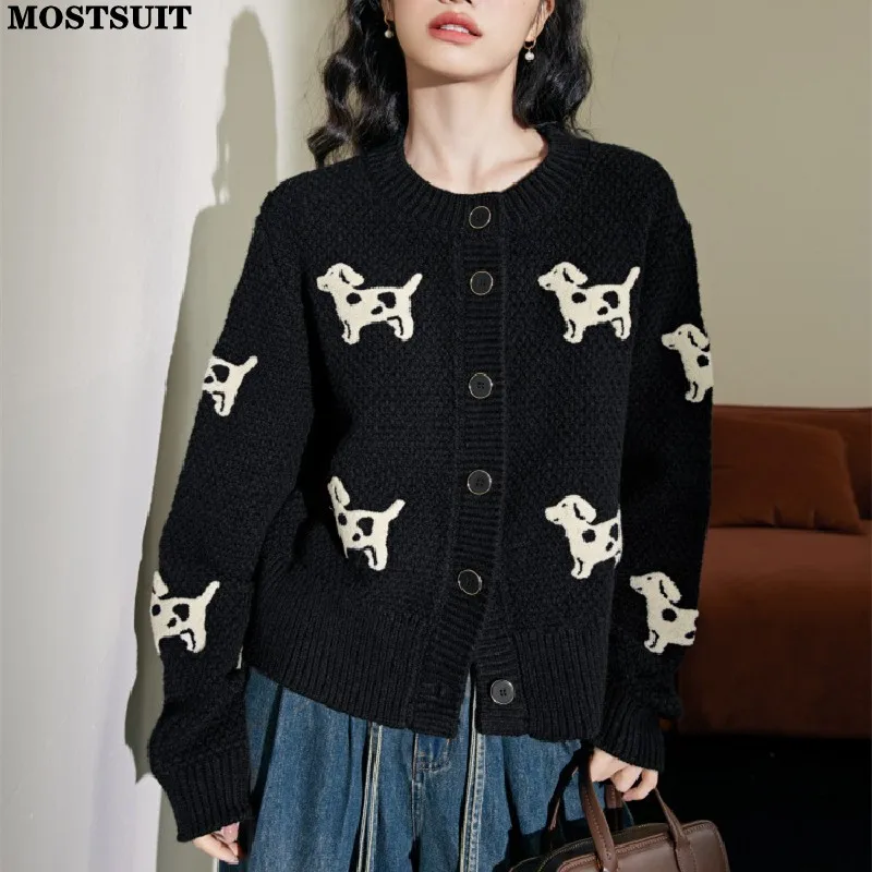 Black Dog Knit Sweater Cardigan Women Autumn Winter Long Sleeve O-neck Knitwear Tops Fashion Stylish Chic Ladies Jumpers Mujer