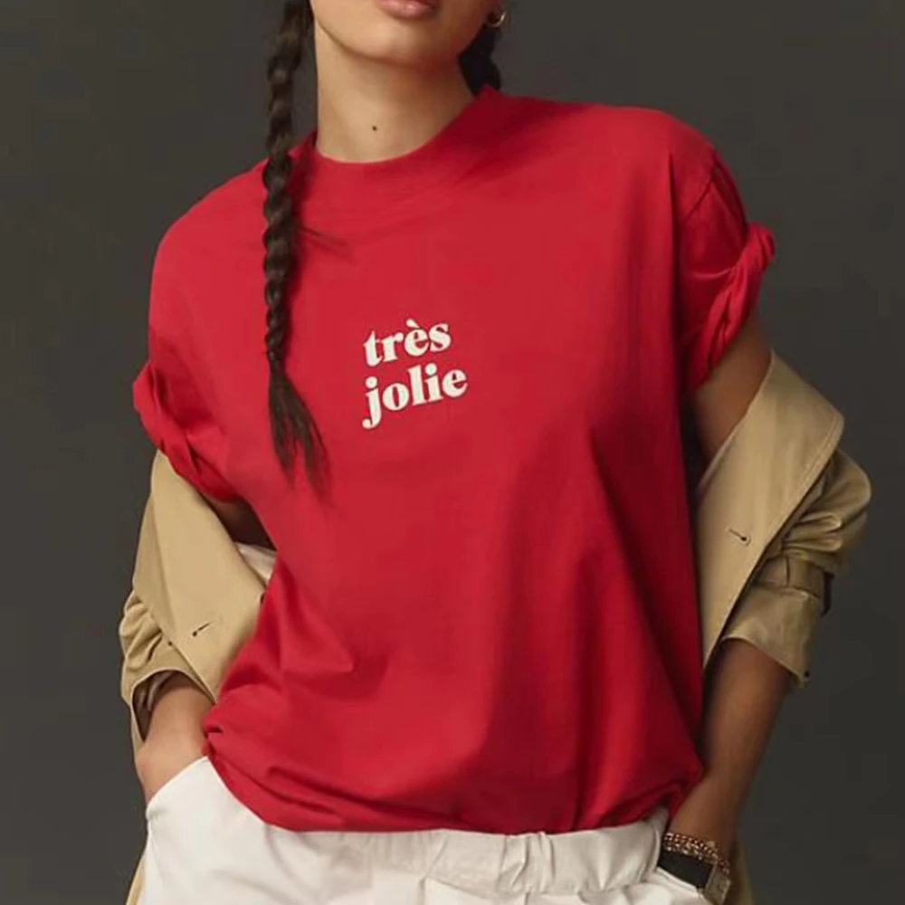 

French Vintage Style Letters Printing Red Short Sleeve T Shirts Female Loose Cotton Tops Summer Casual Elegant Tee Shirts