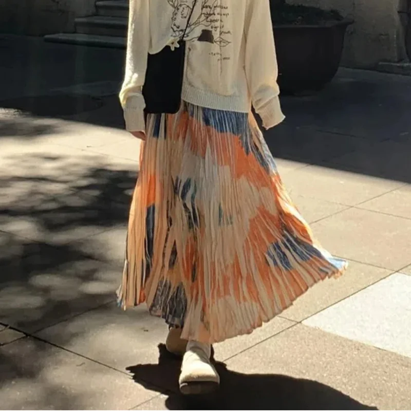 

Spring Summer New Elastic Waist Loose Pleated High Street A-line Skirt Tie Dye Vintage Irregular Half Skirt Casual Women Clothes