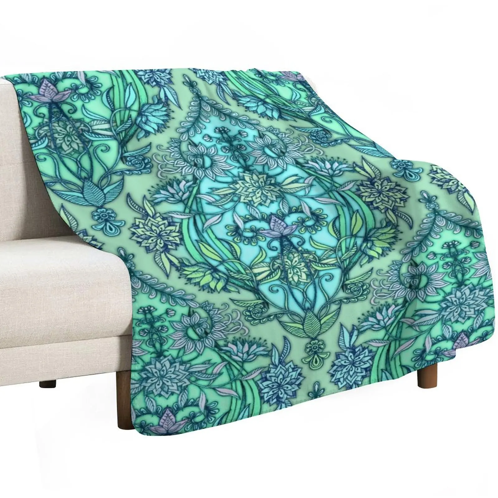 Botanical Moroccan Doodle Pattern in Mint Green, Lilac & Aqua Throw Blanket Loose Decorative Beds Quilt Luxury Throw Blankets