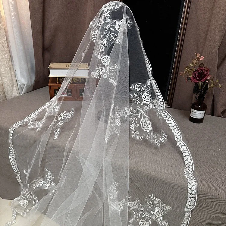 Wedding Veil All Lace Edge Long Luxurious Bridal Veil White/ivory With Comb Tulle Cathedral Velo De Novias Wedding Accessories