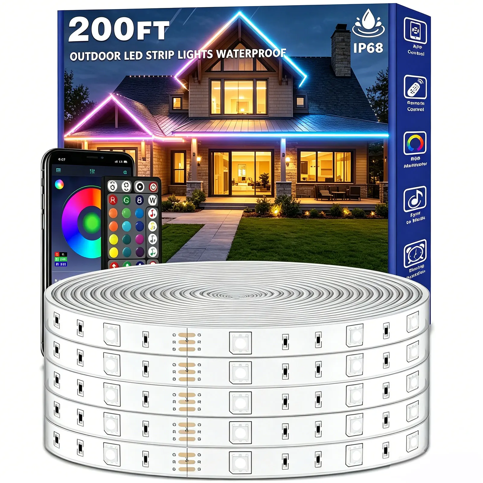 200ft Outdoor LED Strip Lights Waterproof,IP68 Outside Led Light Strips with App and Remote,Music Sync RGB Exterior Rope Self Adhesive Back for Deck,Balcony,Pool
