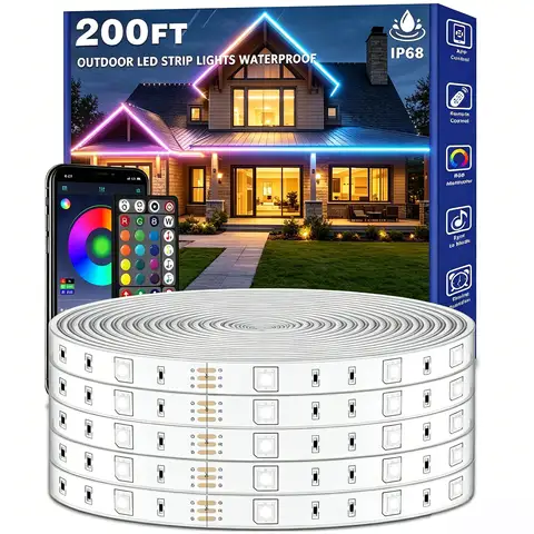 200ft Outdoor LED Strip Lights Waterproof,IP68 Outside Led Light Strips with App and Remote,Music Sync RGB Exterior Rope Self Adhesive Back for Deck,Balcony,Pool
