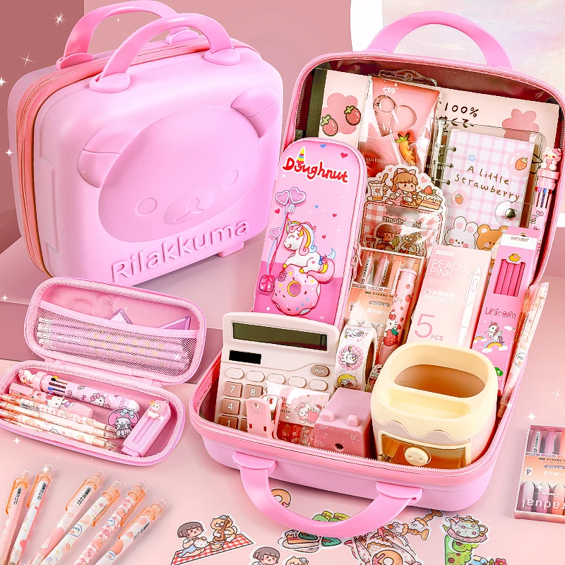 

18in1 Students Stationery Set Pink suitcase style Stationery Suits Box Girls Kawaii Cartoon Kids School Supplies Christmas Gifts