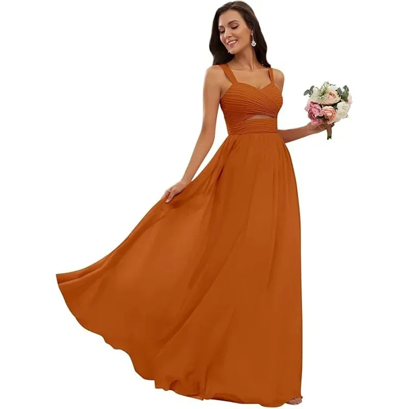 تخصيص السباغيتي الأشرطة فساتين وصيفة الشرف الشيفون ألف خط الخامس الرقبة عارية الذراعين حفل زفاف فستان الضيوف عارية الذراعين متقاطع