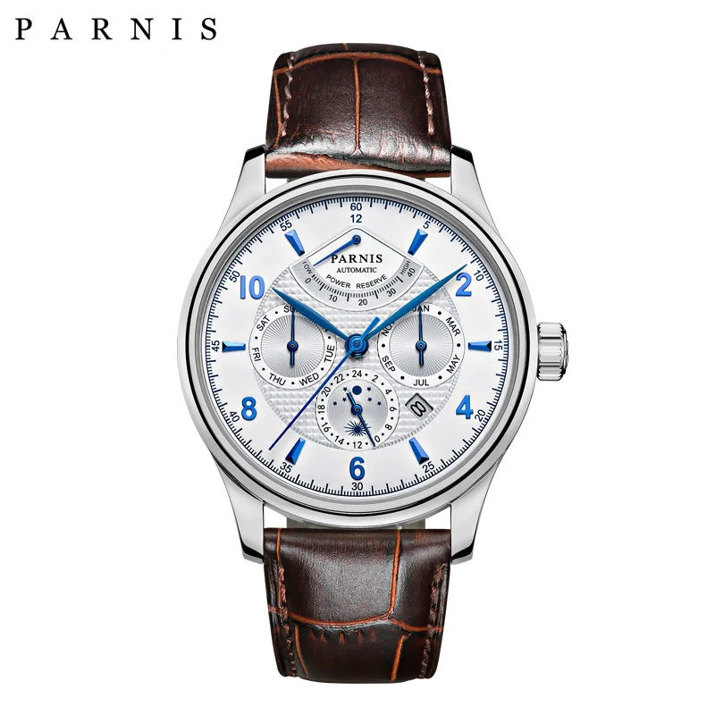 2024 New Fashion Parnis 43mm Silver Case Automatic Men Watch Sapphire Crystal Moon Phase Miyota 9100 Mechanical Watches For Men