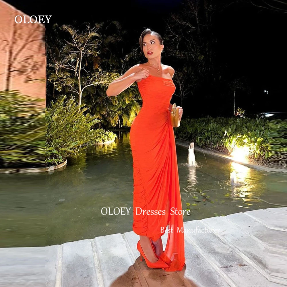 

OLOEY Simple A Line Red Chiffon Evening Dresses Strapless Draped Ankle Length Summer Beach Skirt Arabic Women Prom Gowns