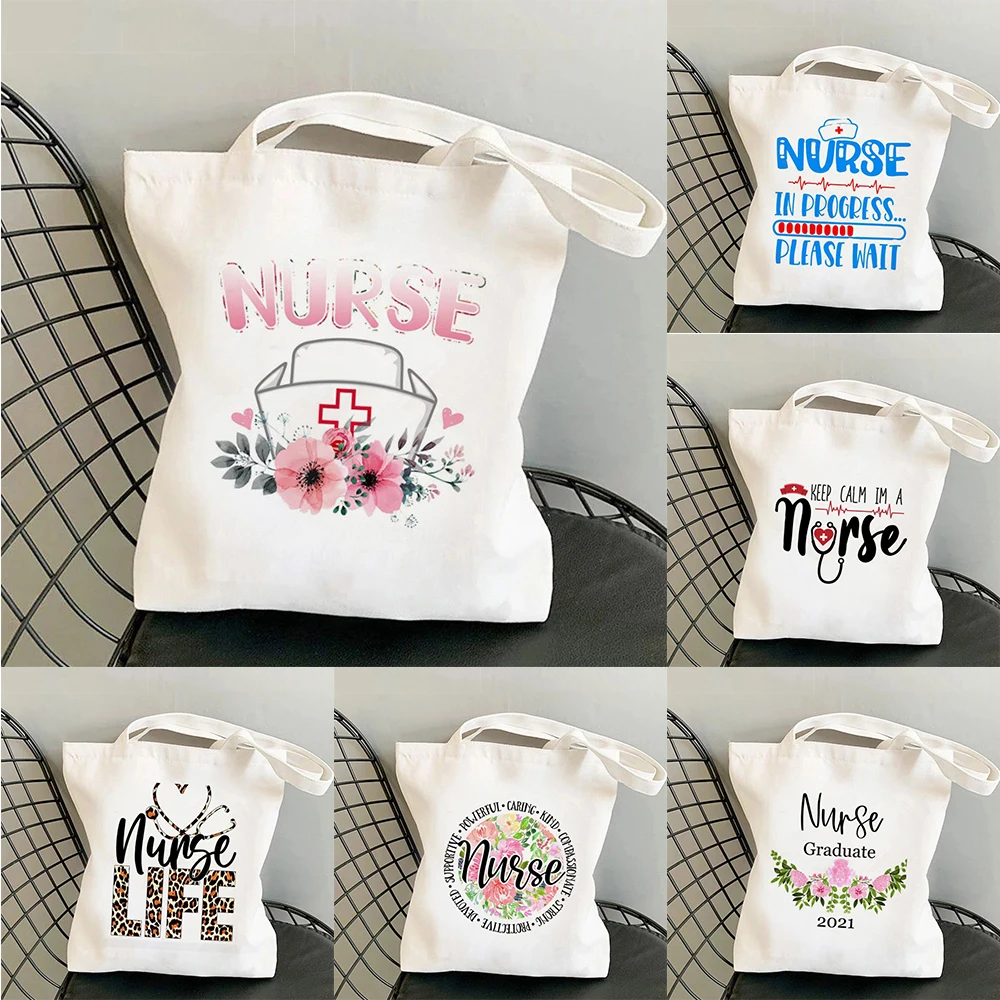 Nurse Letter Print Shoulder Bags No Zipper Girl Canvas Casual Eco Tote Handbag Cute Women Large Capacity Graphic Shopping Bag