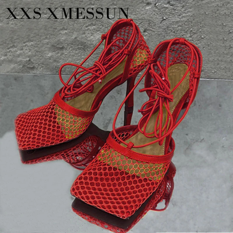

XXS XMESSUN 2026 Новые модные сандалии с сетчатым верхом, дышащие, с квадратным носком, на ремешках, женские туфли на высоком каблуке