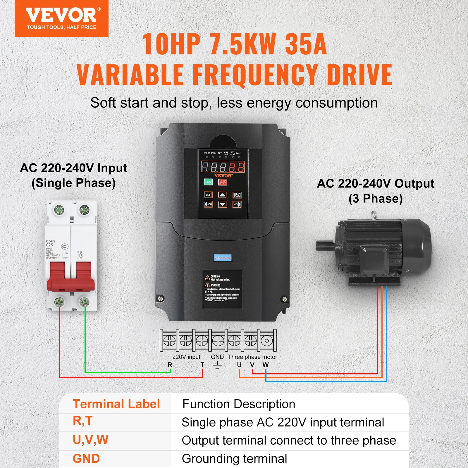 VEVOR 0.75/7.5KW VFD Frequency Inverter 10HP 220V Output Variable Frequency Drive for Spindle Motor CNC Converter Speed Control