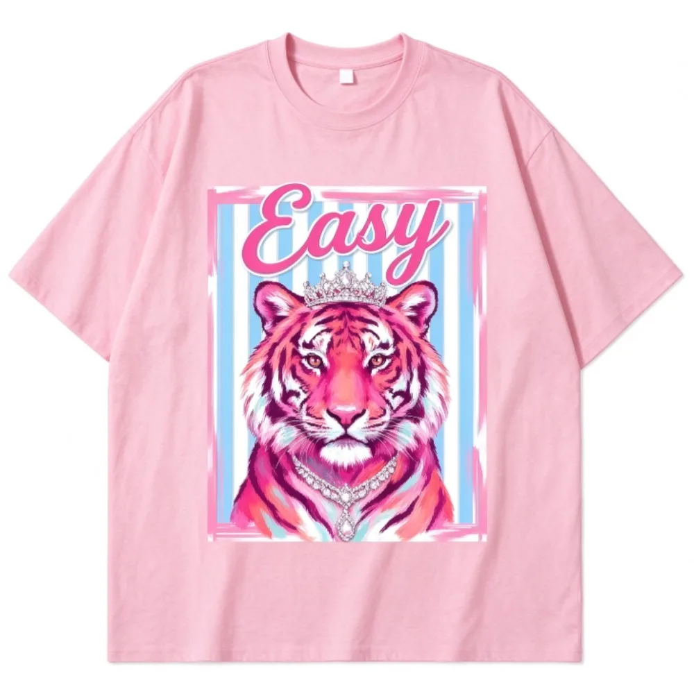 Women Pink Short Sleeve T-Shirt, Vibrant Hand Drawn Crown Tiger With Easy Lettering Blue Striped Background Art Graphic Trendy