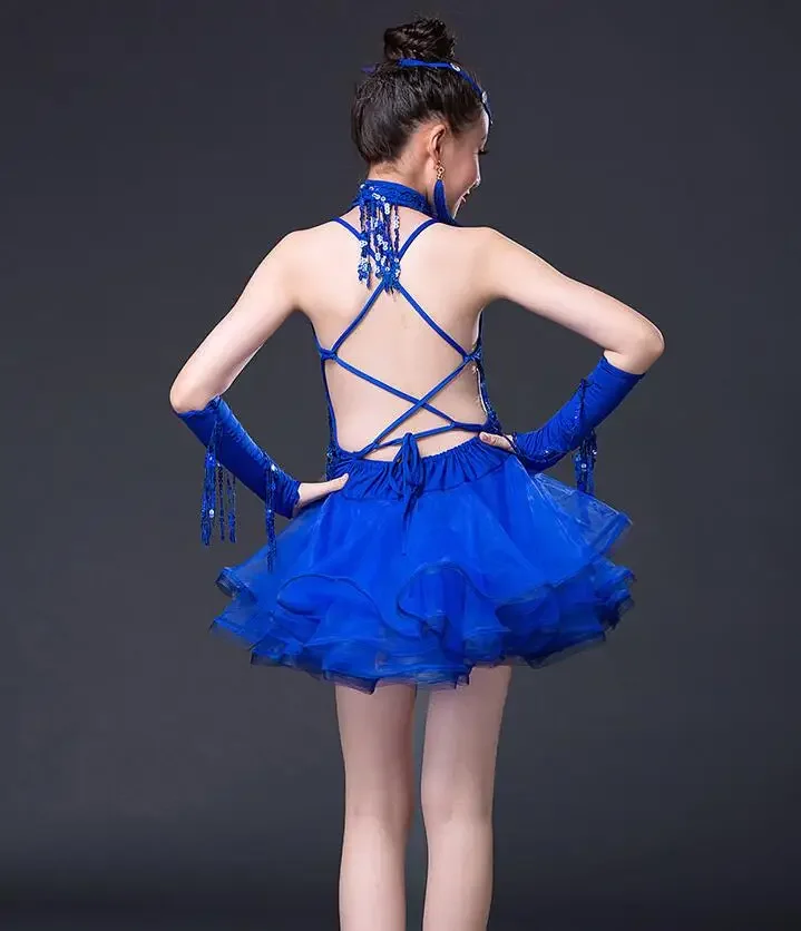 Vestido de dança latina profissional para meninas, roupas de salão para crianças, trajes de palco para crianças, azul e vermelho, festa salsa