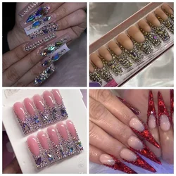 Handmade Customized XXL Extra Long Coffin Stiletto Press On Nails Glittery Bling Rhinestone False Nail Reusable Fake Nail Party