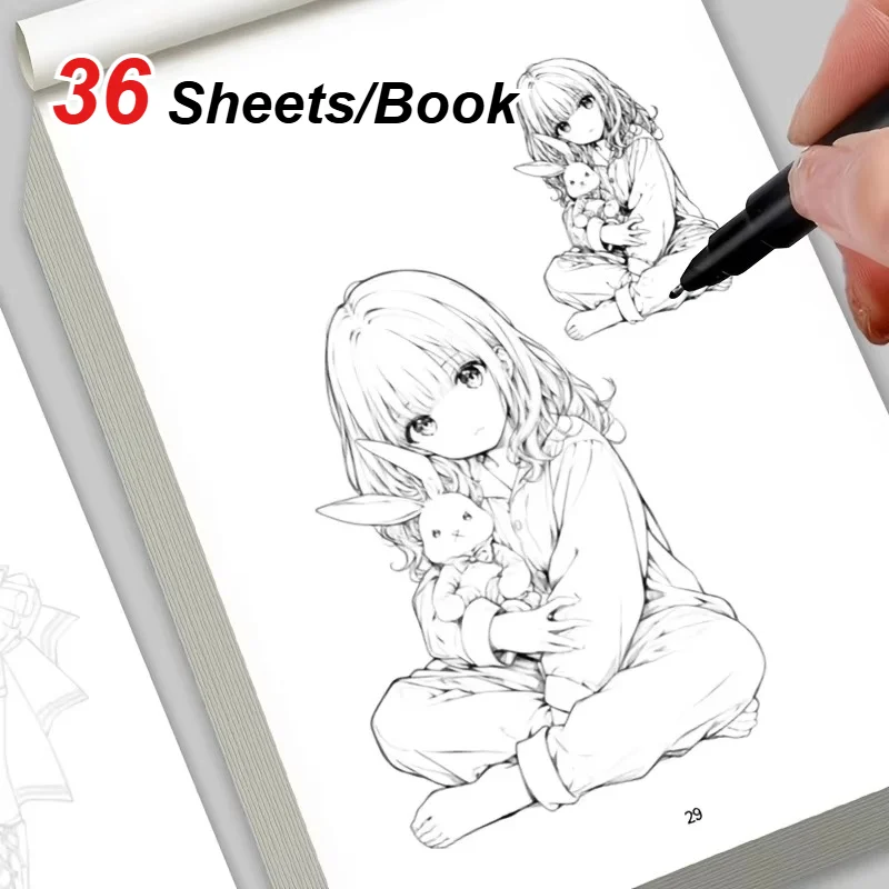 36 Sheets/Book Beginner's Anime Drawing Workbook, Easy to Hand Draw Outlines, Step-by-Step Comic Line Practice Sketching