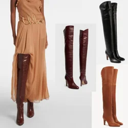 2024 Women's Cowhide Thick High Heels Fashion Over The Knee Sleeve Boots European and American Fashion Banquet Walking Boots