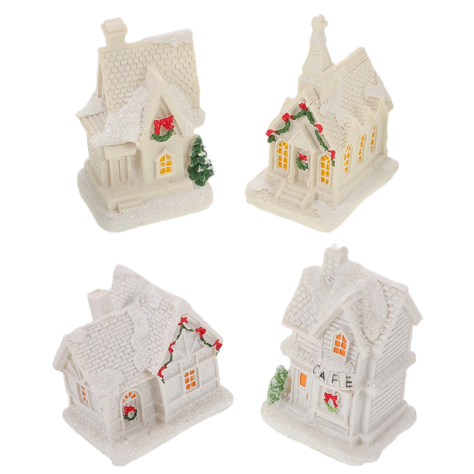 

4Pcs Mini Christmas Village Houses Illuminated Resin Decorations for Tabletop Shelf Bonsai Terrarium Winter Holiday Display
